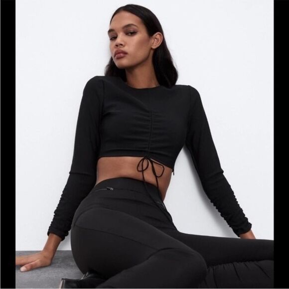 Zara EUC Tech Cropped Top Black Size S Long Sleeve Athletic Sporty Ties - Picture 2 of 7